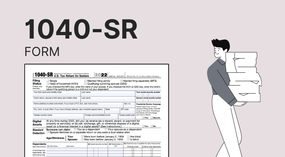 An example of the 1040-SR tax form for print and the image of the man